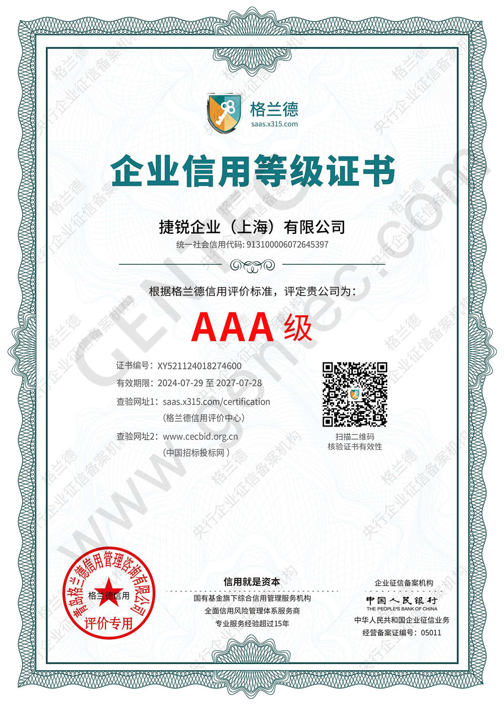 Enterprise Credit Rating AAA Certificate