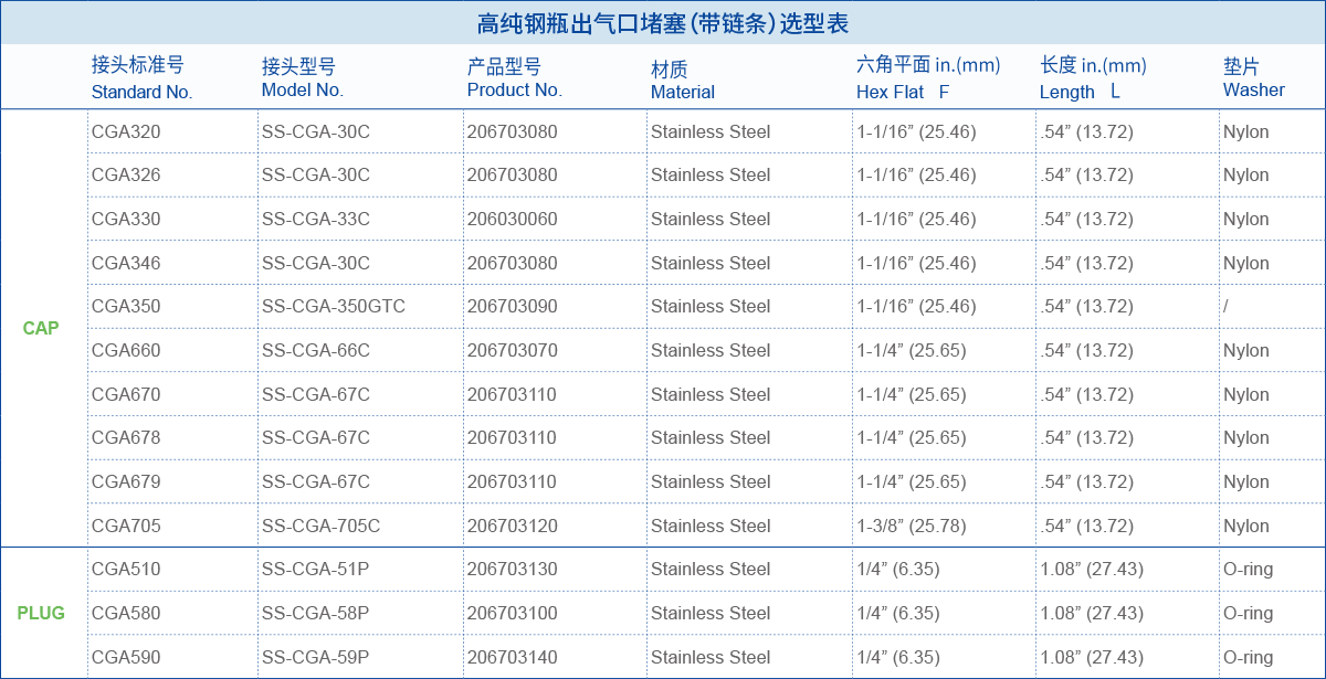 高纯钢瓶出气口堵塞（带链条）选型表